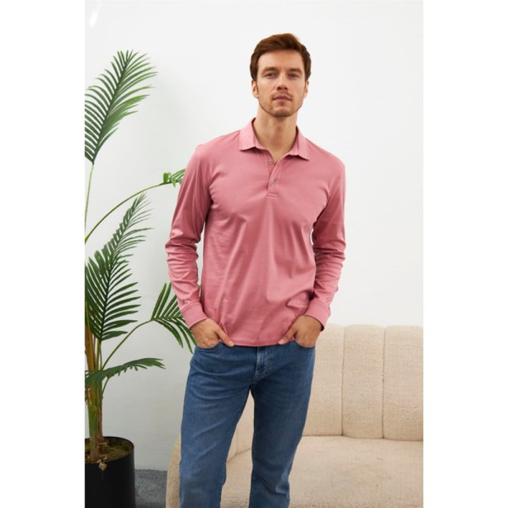 Odelon Erkek Uzun Kollu Merserize Pamuklu Polo Yaka Tişört Gül Kurusu MARS32 Erkek T-shirt Fiyatı