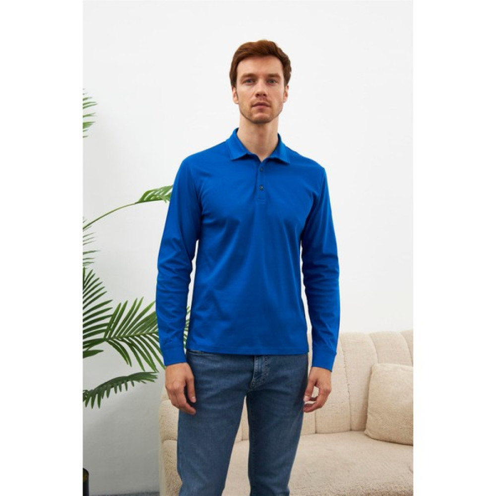 Odelon Erkek Uzun Kollu Merserize Pamuklu Polo Yaka Tişört Mavi MARS32 Erkek T-shirt Fiyatı