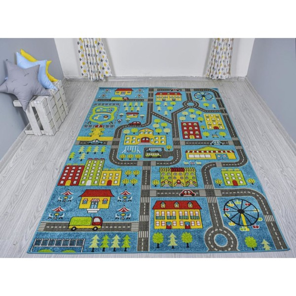 Odeon Halı 3 Boyutlu Mavi Şehir Dokuma Çocuk Oyun Halısı - 200 x 290 cm Bebek Odası Halı Fiyatı