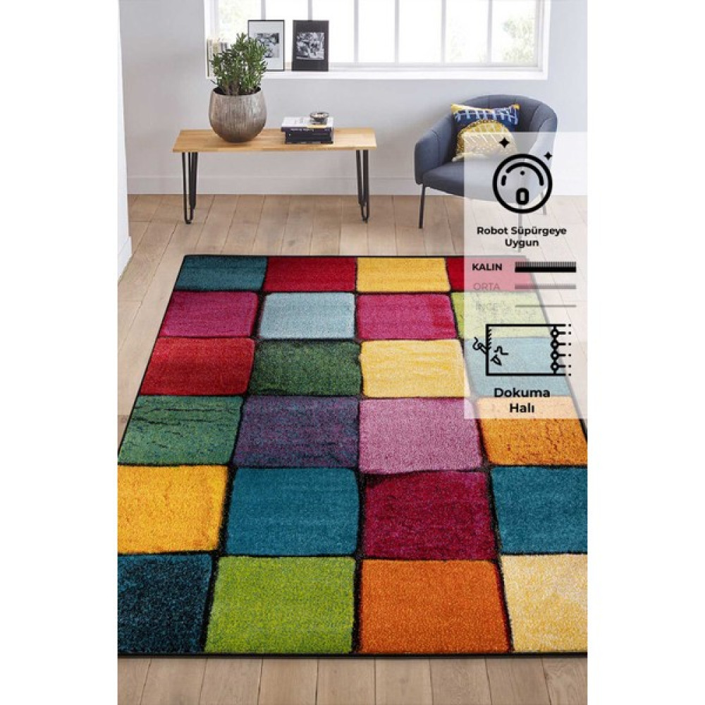 Odeon Halı Renkli Kare Duvar Taşı Modern Halı - 200 x 290 cm Bebek Odası Halı Fiyatı