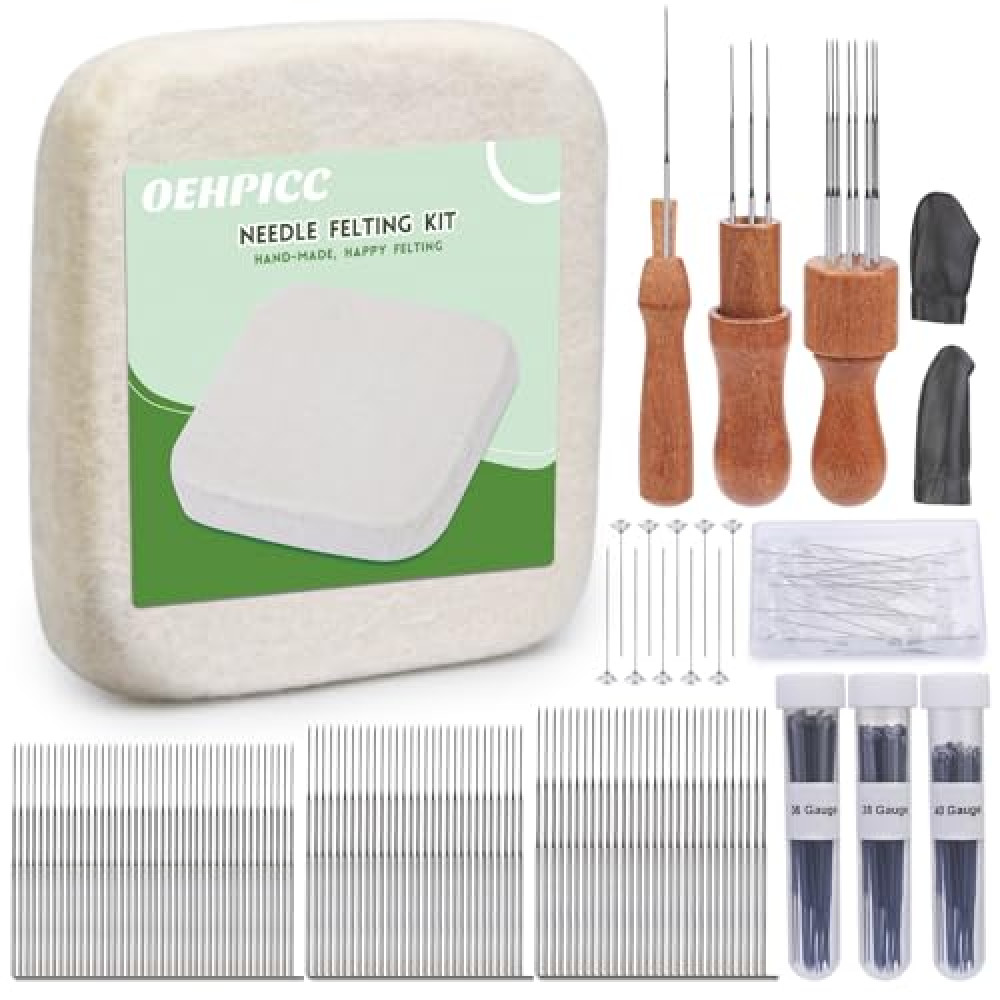 OEHPICC 128 Pcs Needle Felting Tools, 6×6 Inch Wool Felting Pad, 102 Pcs Felting Needles, Felting Tools with 3 Size Wooden Handle Holder for DIY Wool Felting Projects
