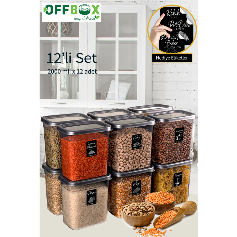 OFFBOX 12 Li Dikdörtgen 2 Litre Baharatlık Erzak Bakliyat Saklama Kabı Seti 20 Etiket Hediyeli D2000-12 Baharat Setleri & Baharatlıklar Fiyatı