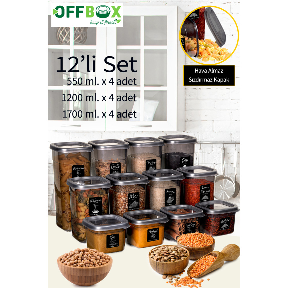 OFFBOX 12 Li Kare Erzak Bakliyat Saklama Kabı Seti Baharatlık Mutfak Çeyiz Seti 20 Etiket Hediyeli Set-1k Saklama Kapları Fiyatı