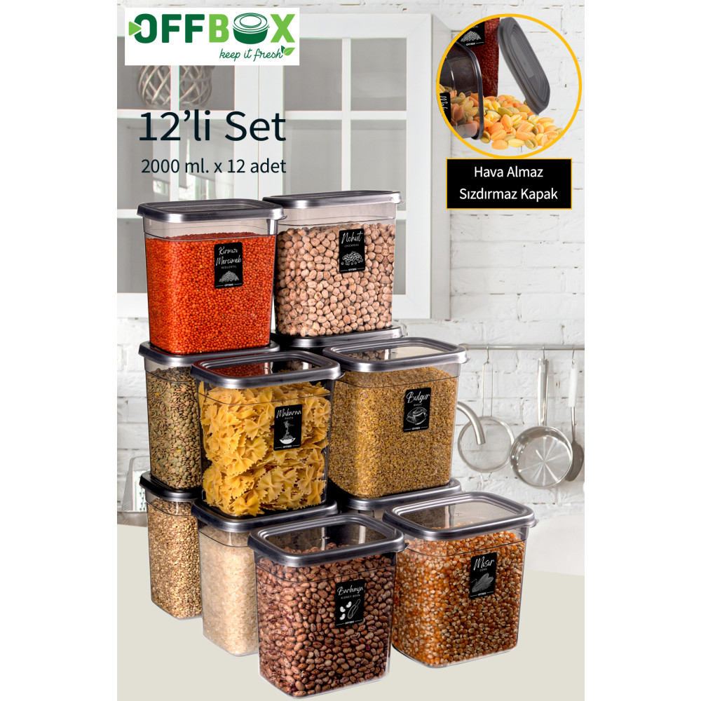 OFFBOX 12li Dikdörtgen Erzak Bakliyat Saklama Kabı Seti 2 Litre 20 Etiket Hediyeli Saklama Kapları Fiyatı