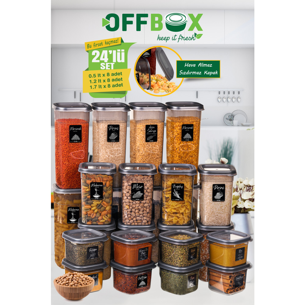 OFFBOX 24 Lü Kare Erzak Bakliyat Baharat Saklama Kabı Seti Çeyiz Seti 40 Etiket Hediyeli Set-24k Saklama Kapları Fiyatı
