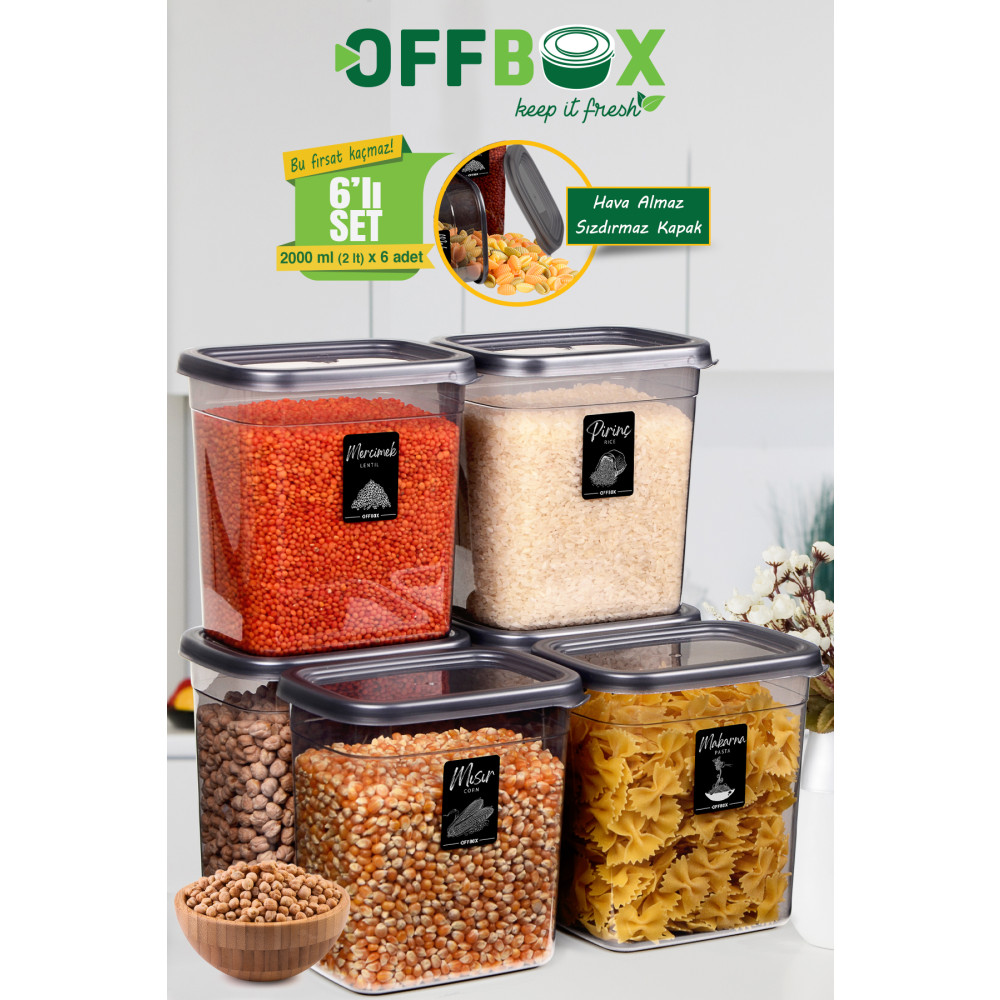 OFFBOX 6 Lı Dikdörtgen 2 Litre Erzak Bakliyat Saklama Kabı Baharatlık D-2000 20 Etiket Hediyeli Saklama Kapları Fiyatı