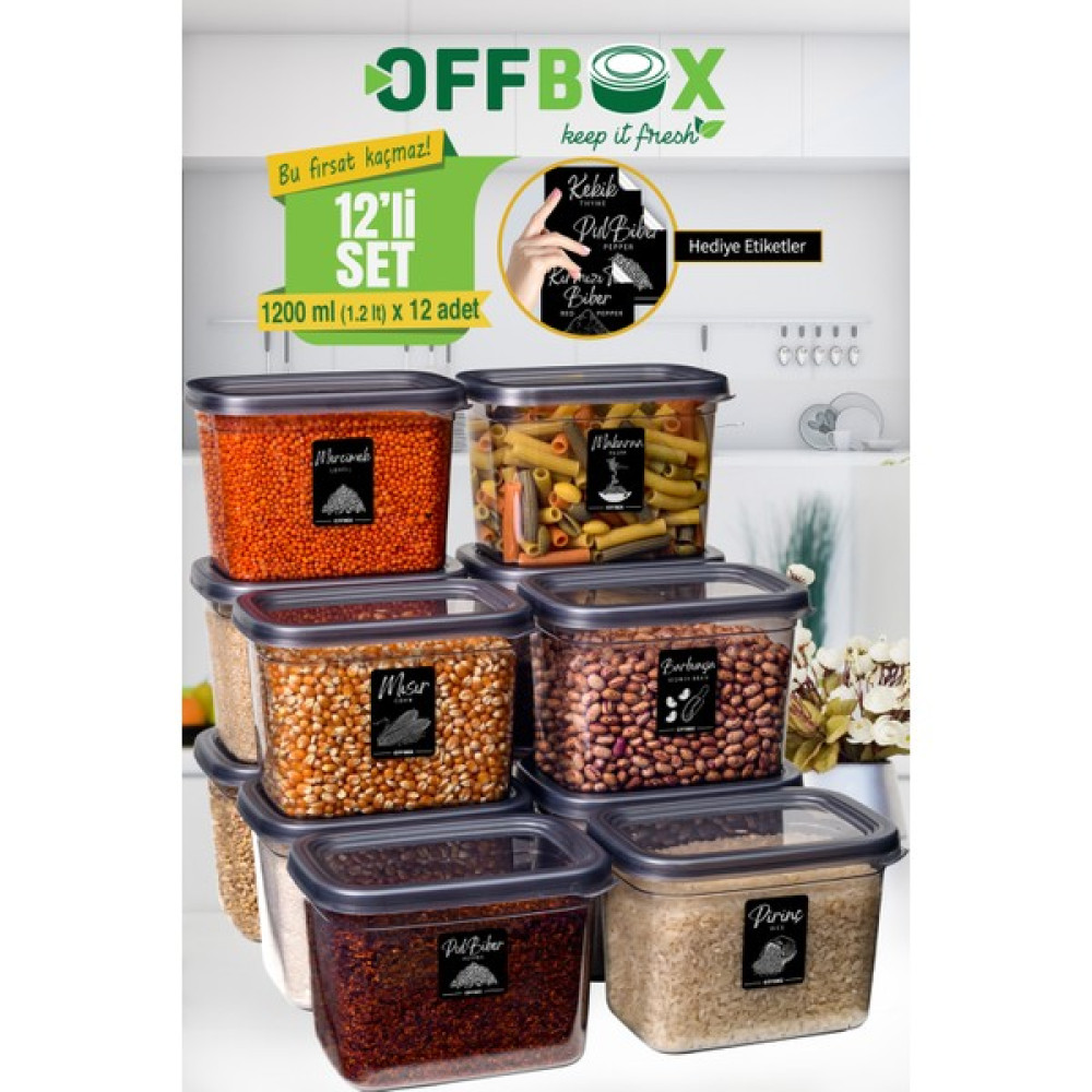 OFFBOX D-1200 Dikdörtgen Erzak Bakliyat Saklama Kabı Baharatlık 12'li Set 1,2 Litre 20 Etiket Hediyeli Saklama Kapları Fiyatı