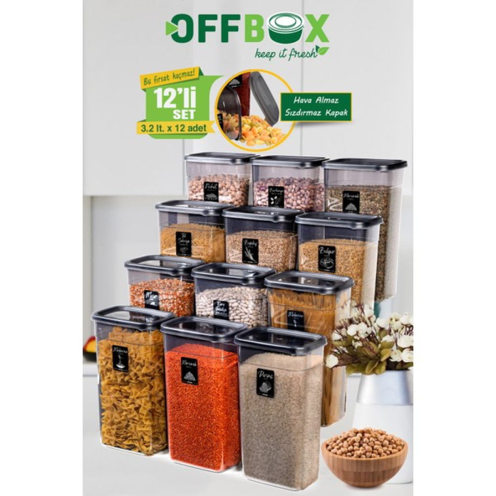 OFFBOX D-3200 12 Li Dikdörtgen Erzak Bakliyat Saklama Kabı Baharatlık Seti 3,2 Litre 20 Etiketli Jumbo Boy Saklama Kapları Fiyatı