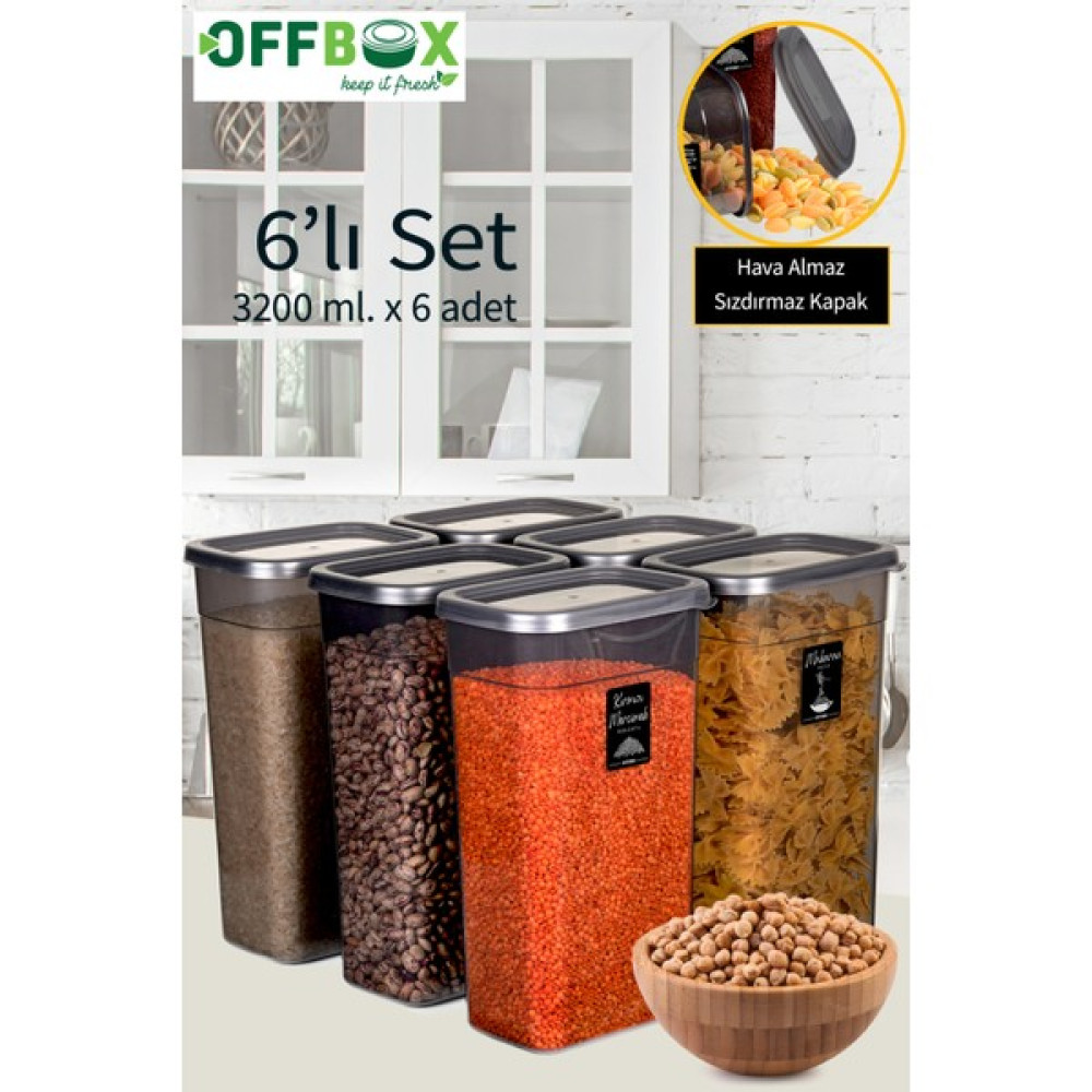 OFFBOX D3200-6 Dikdörtgen Erzak Bakliyat Saklama Kabı Baharatlık 6 Lı Set 3,2 Litre 20 Etiket Hediyeli Saklama Kapları Fiyatı
