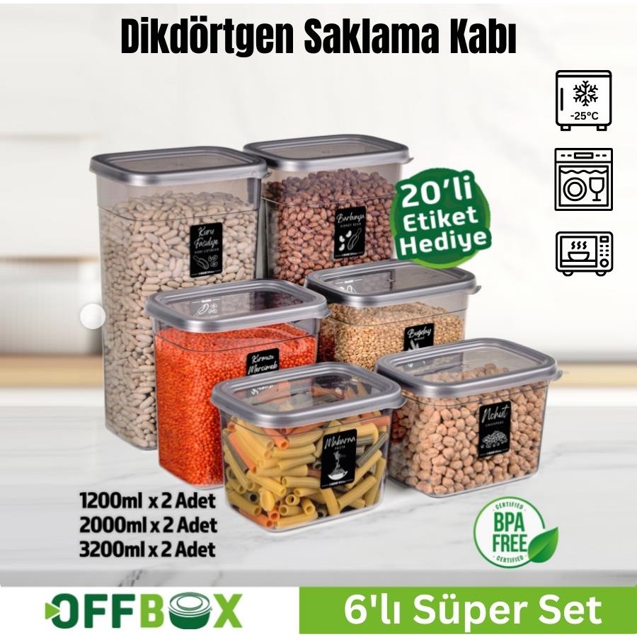 Offbox Dikdörtgen Bakliyat Baharat Gıda Saklama Kabı - 3 Çeşit - 6 Adet - Antrasit Eşya Saklama / Düzenleme Fiyatı