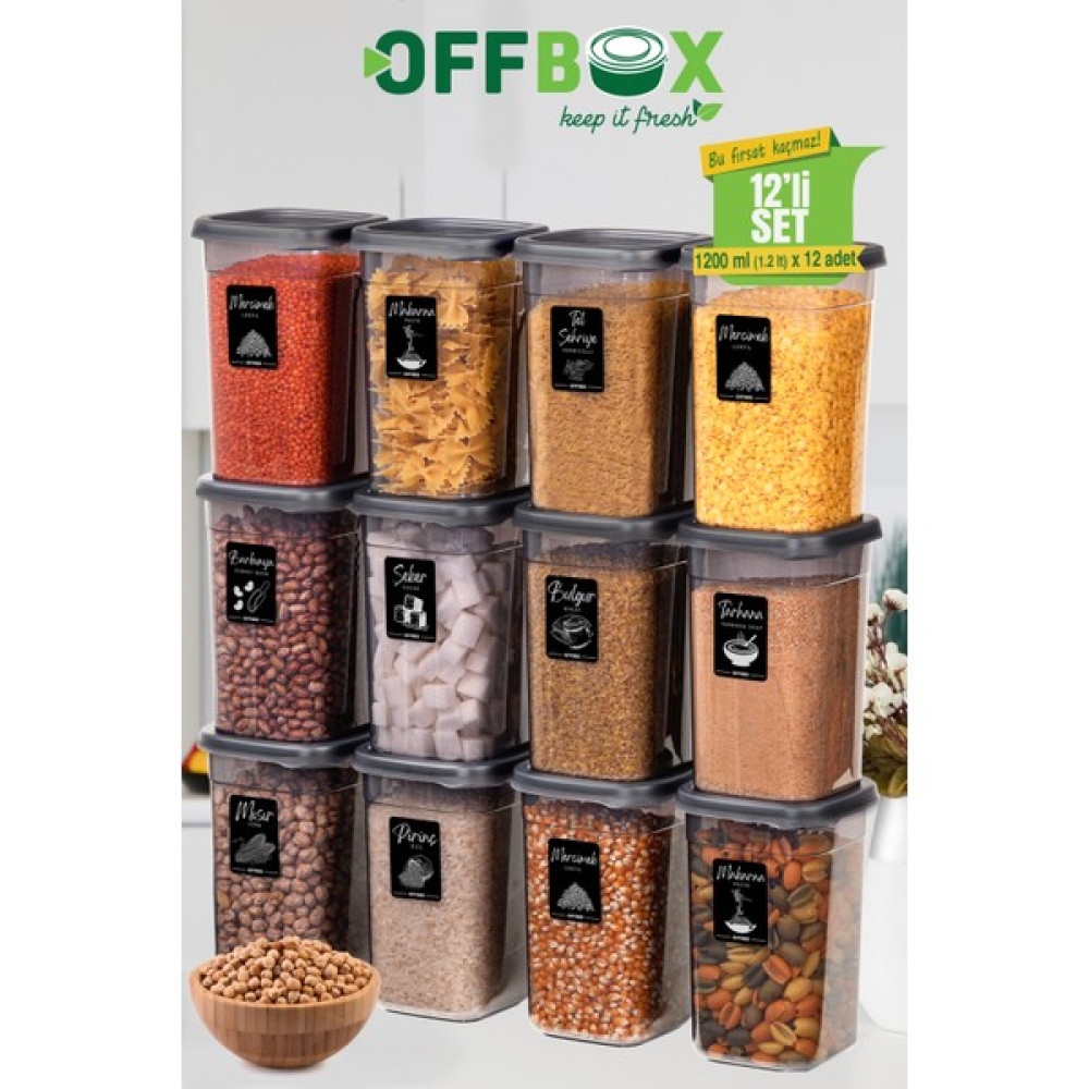 OFFBOX K-1200 Kare Erzak Saklama Kabı Baharatlık 12'li Set 1,2 Litre 20 Adet Etiket Hediyeli Saklama Kapları Fiyatı