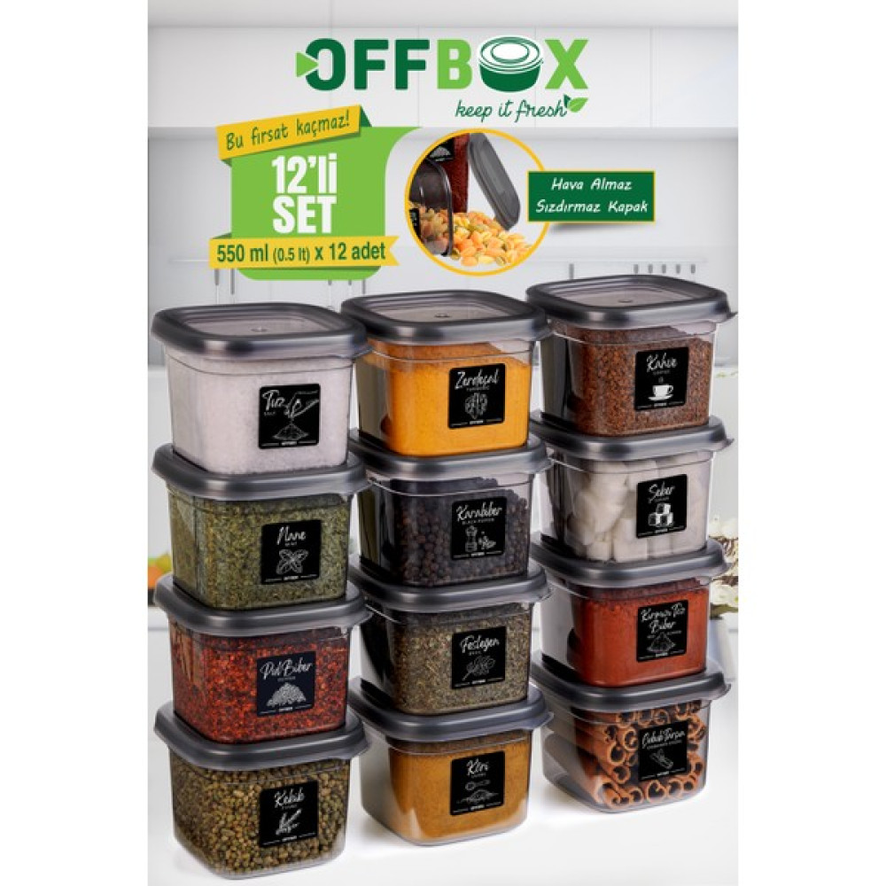 OFFBOX K-550 12 Li Set Kare Erzak Saklama Kabı Baharatlık 0,55 Litre 20 Etiket Hediyeli Antrasit Baharat Setleri & Baharatlıklar Fiyatı