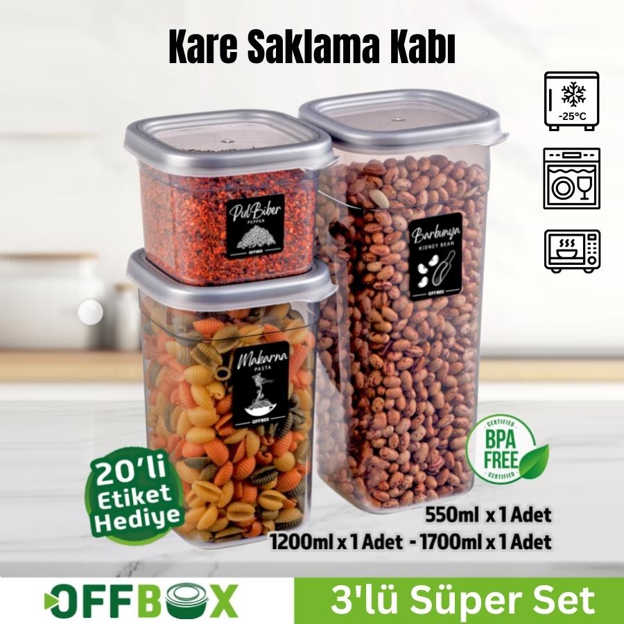 Offbox Kare Bakliyat Baharat Gıda Saklama Kabı - 3 Çeşit - 3 Adet - Antrasit Eşya Saklama / Düzenleme Fiyatı