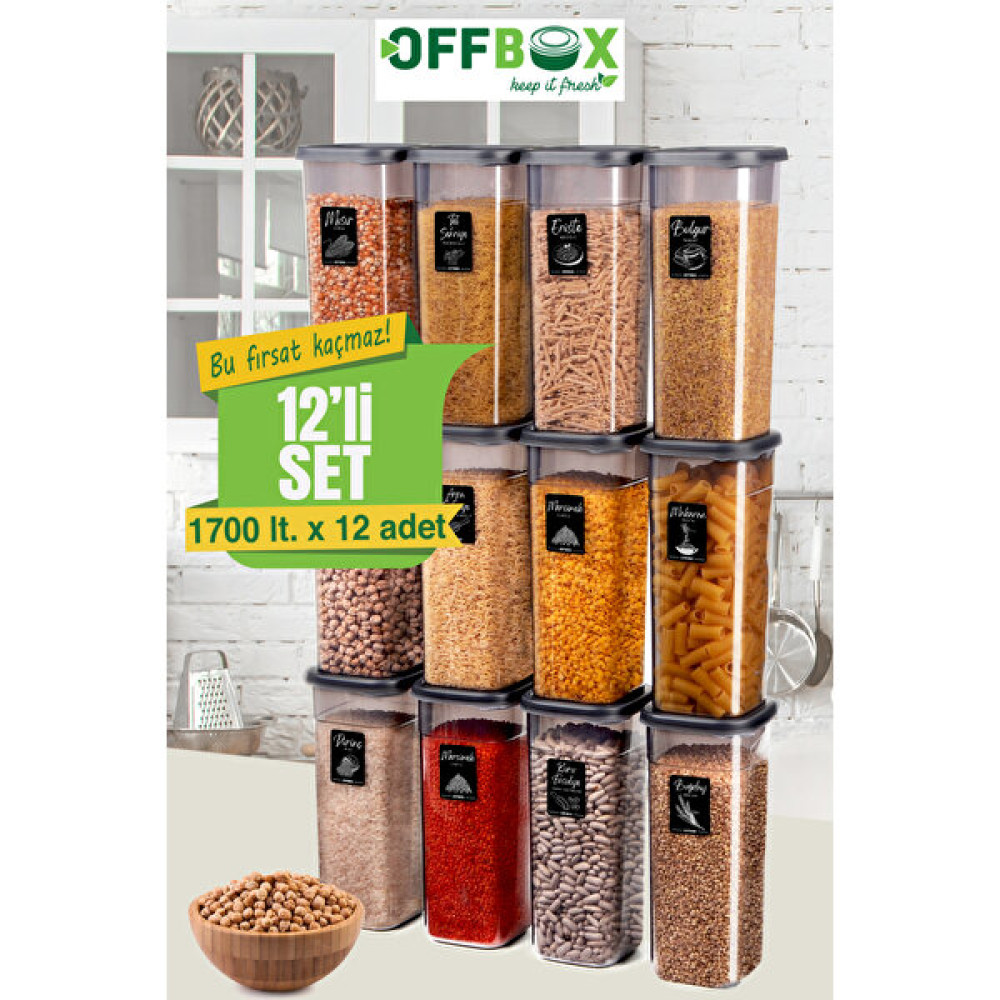 OFFBOX Kare Erzak Saklama Kabı Baharatlık K-1700 12'li Set 1,7 Litre 20 Etiket Hediyeli Antrasit Saklama Kapları Fiyatı