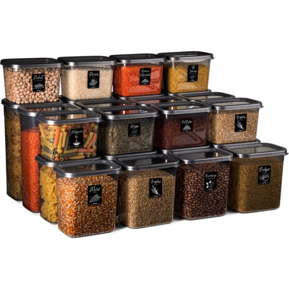OFFBOX SET-24D Dikdörtgen Erzak Bakliyat Saklama Kabı Baharatlık 24 Lü Set 1,2lt-2lt-3,2 Litre 40 Etiketli Saklama Kapları Fiyatı