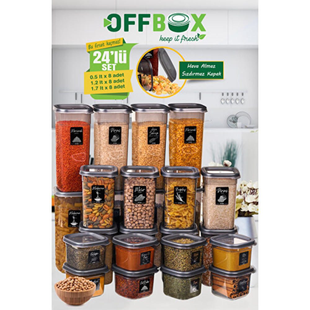 OFFBOX SET-24K Kare Erzak Bakliyat Saklama Kabı Baharatlık 24 Lü Set 0,55-1,2-1,7 Litre 40 Etiket Hediyeli Saklama Kapları Fiyatı