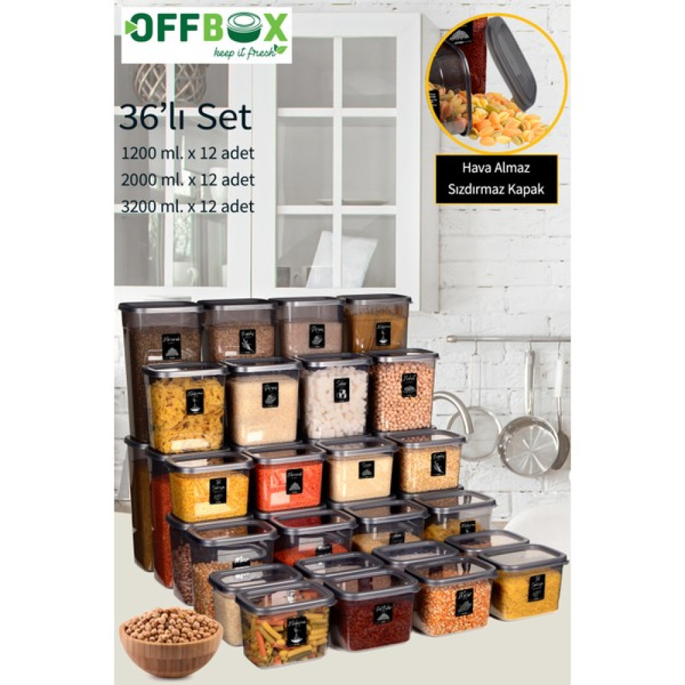 OFFBOX SET-36D 36 Lı Dikdörtgen Erzak Bakliyat Saklama Kabı Seti 1,2lt-2lt-3,2 Litre 40 Etiketli Saklama Kapları Fiyatı