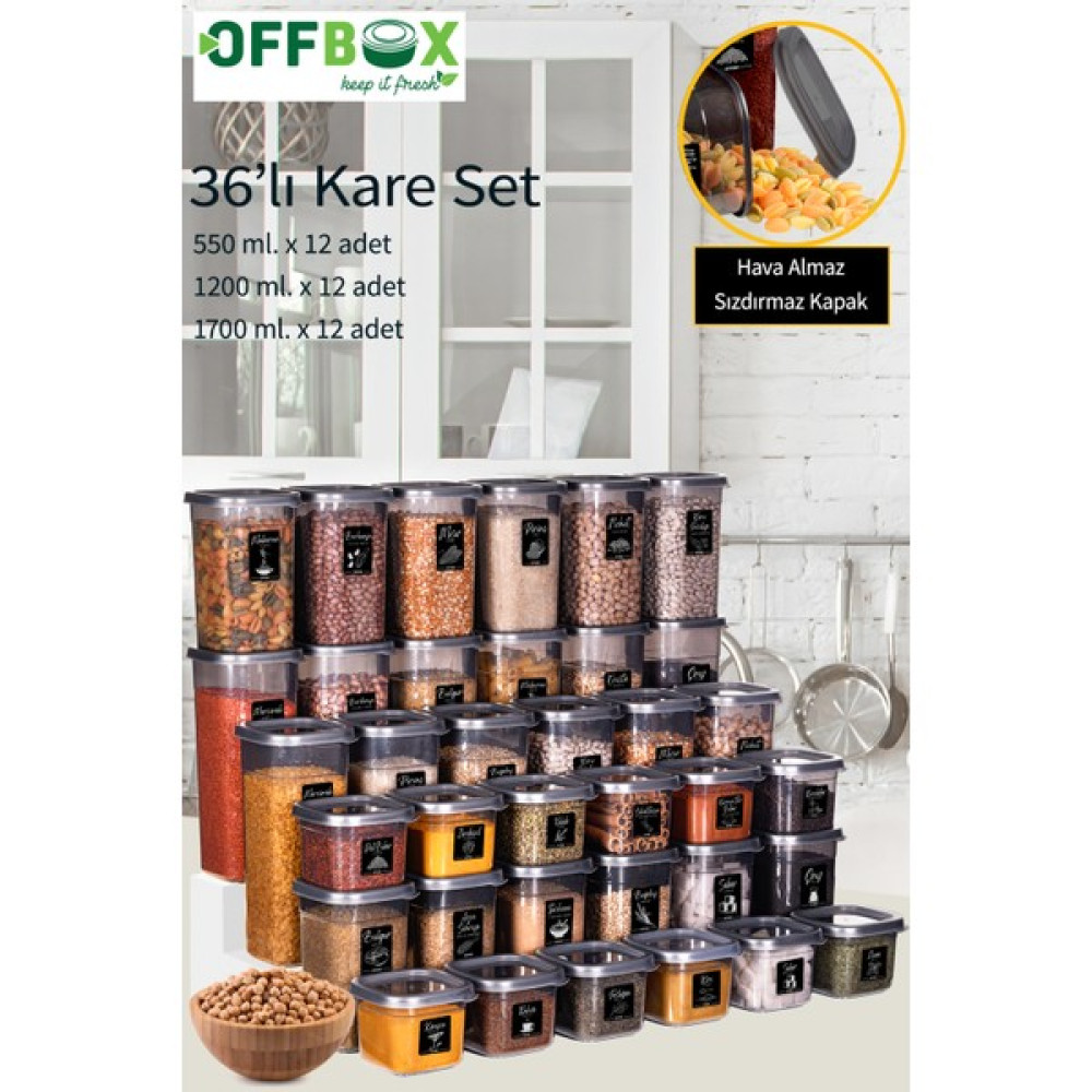 OFFBOX SET-36K 36 Lı Kare Erzak Bakliyat Saklama Kabı Seti 0,55-1,2-1,7 Litre 20 Etiket Hediyeli Saklama Kapları Fiyatı