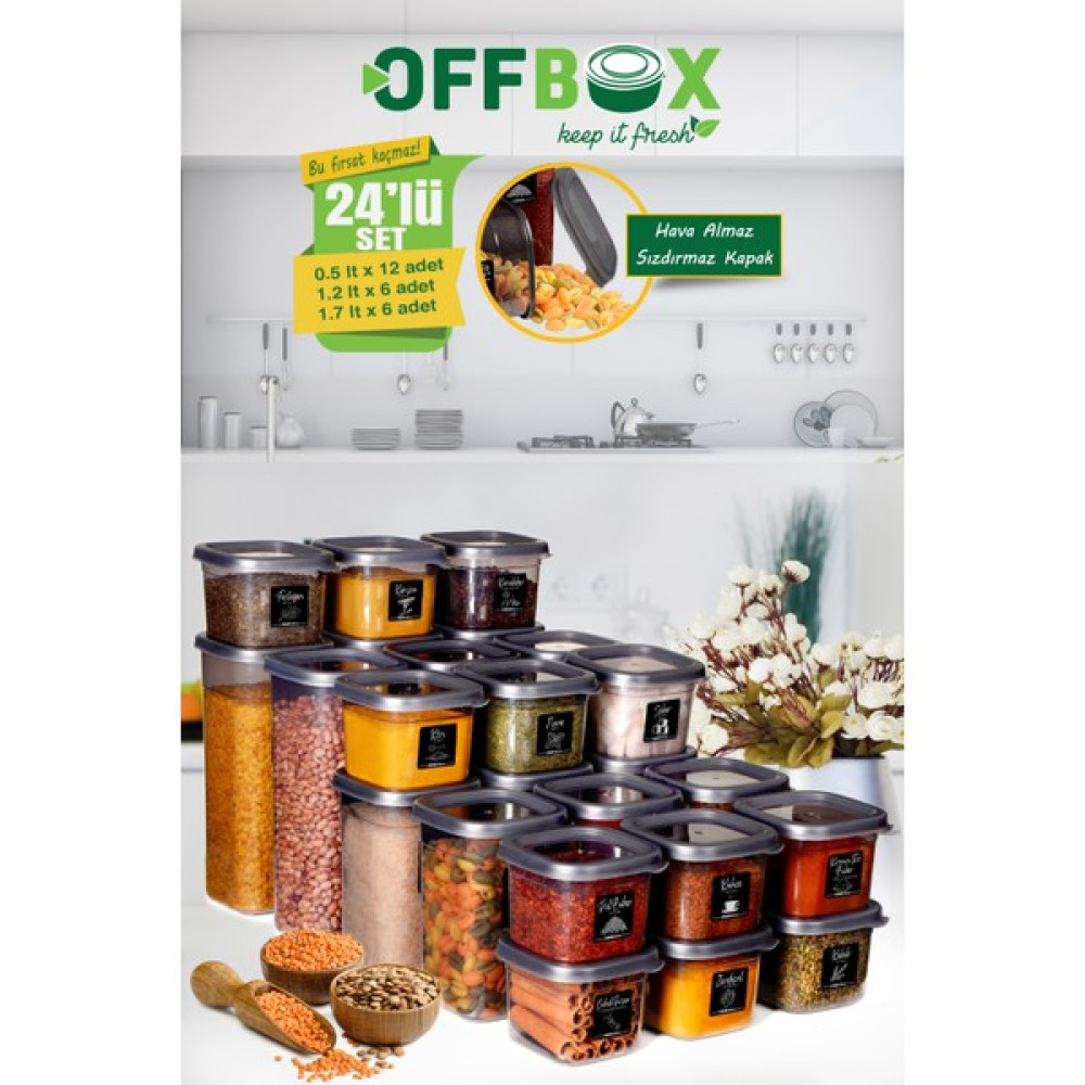OFFBOX SET-5K 24'lü Kare Erzak Bakliyat Saklama Kabı Seti 40 Etiket Hediyeli Saklama Kapları Fiyatı