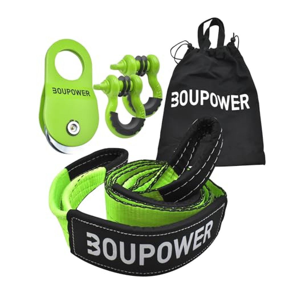 Offroad Recovery Gear Kit 4x4, Including 3" x8' Tree Saver Strap, 2 D-Ring Shackles and 10 Ton Snatch Block Pulley, Winch Accessories Recovery Gear for ATV, UTV, SUV and Truck Green