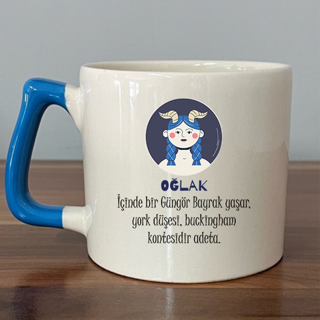 Oğlak Burcu ve Onla Alakalı Komik Açıklama Simgesi Baskılı Mavi Kulplu D Kupa - Beyaz Fincan / Bardak / Kahve Takımı Fiyatı
