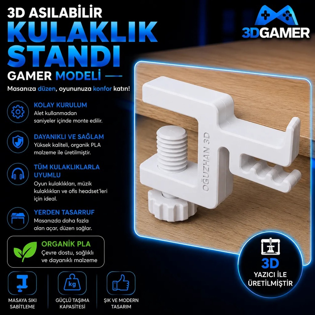 Oğuzhan 3D Asılabilir Kulaklık Standı Gamer Modeli - Beyaz Diğer Fiyatı