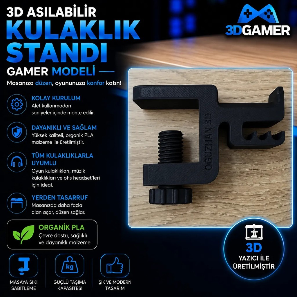 Oğuzhan 3D Asılabilir Kulaklık Standı Gamer Modeli - Siyah Diğer Fiyatı