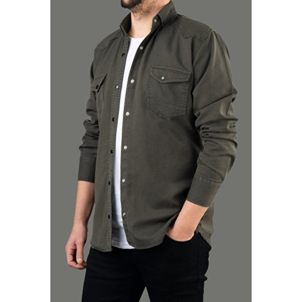 Ohepmoda Slim Fit Dar Kesim Cepli Erkek Gömlek Haki Erkek Gömlek Fiyatı