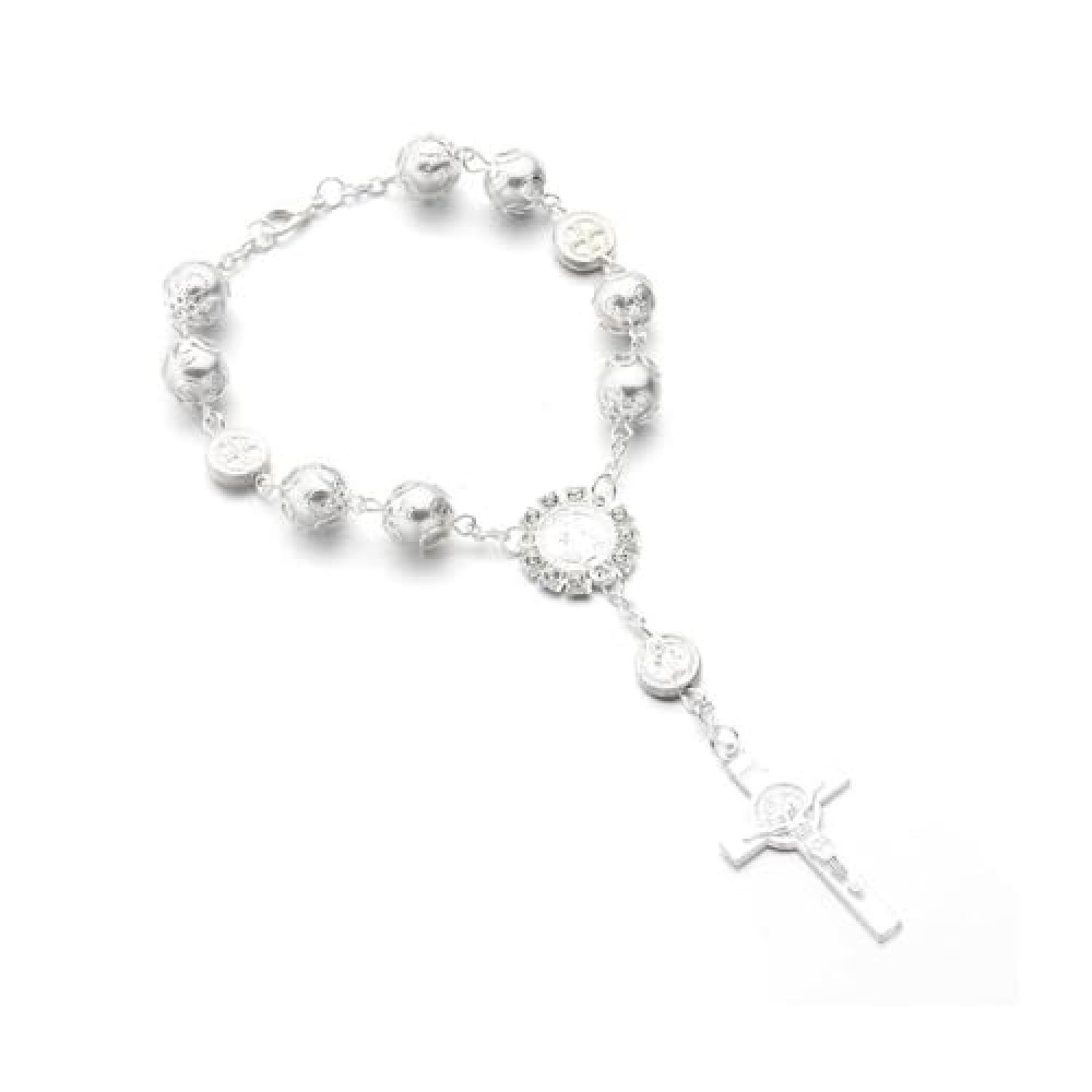Ohleats Car Rosary for Rearview Mirror, Personalized Rear View Cross Blessing Beads Decor, Auto Rearview Catholic Rosary Hanging Pendant, Interior Men Women Car Accessories (Silver)