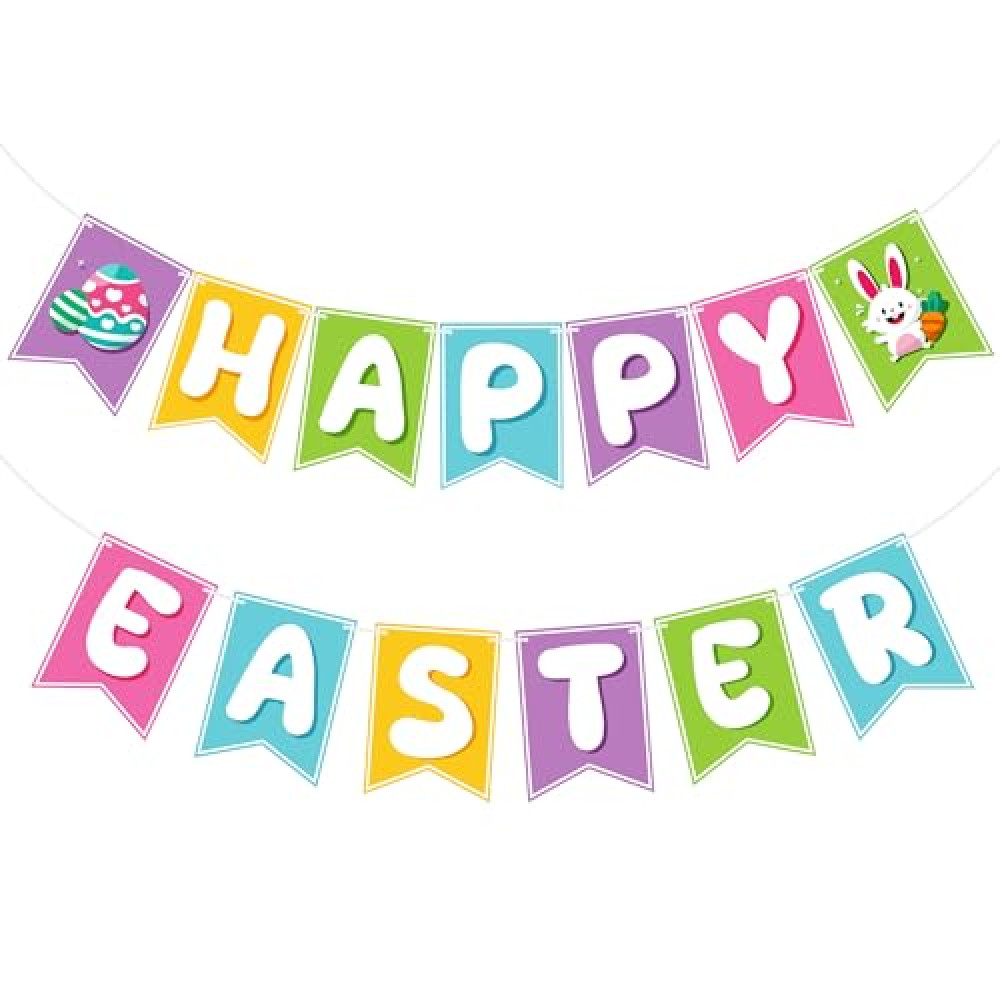 OHOME Easter Decorations - Happy Easter Banner | Easter Party Decorations for Indoor Outdoor Outside - Easter Garland for Front Door | Easter Backdrop Wreath for Window Wall - Easter Decor