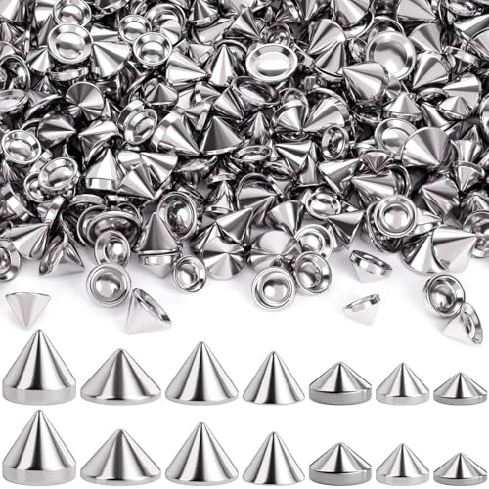 OIIKI 140PCS ABS Bullet Spike Cone Studs, 7 Styles Rivets Cone Spike Studs Beads, Flat Back Punk Spikes DIY Crafts Studs Glue on Decoration for Leather Clothes Belt Bags Jewelry Trims - Silver