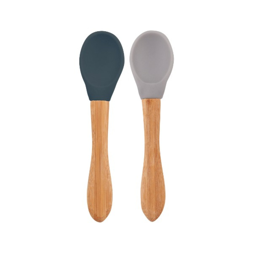 Oioi Silikon Mama Kaşığı 2li Bambu Saplı 9+ Ay Deep Blue - Powder Grey - Gri Mama Seti Fiyatı