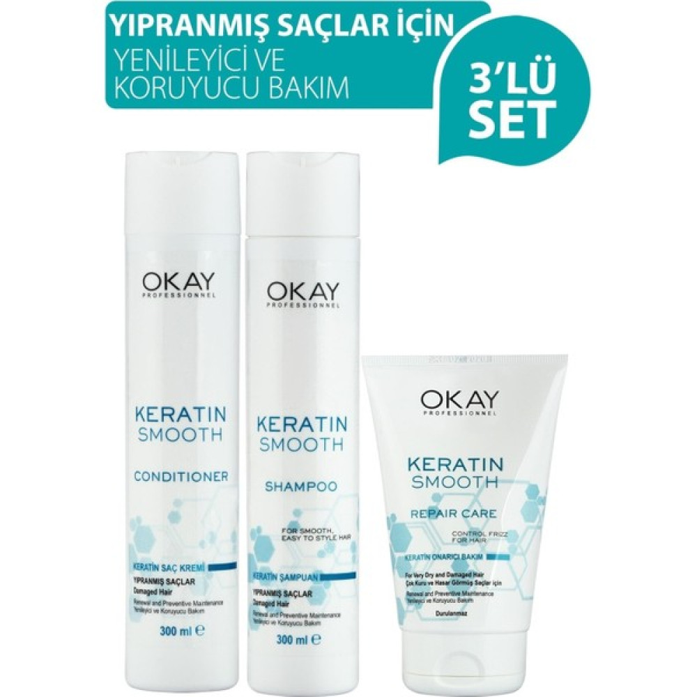 Okay Keratin Smooth Onarıcı Bakım Serisi Şampuan + Saç Kremi + Durulanmayan Bakım Kremi - 3'lü Set - 1 Şampuan ve Saç Kremi Fiyatı