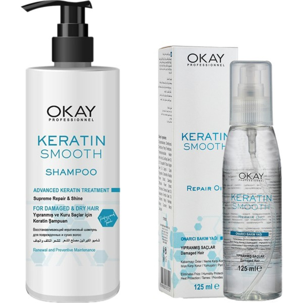 Okay Keratin Smooth Şampuan 500 ml + Bakım Yağı 125 ml Saç Bakım Maskeleri & Serumlar & Spreyler Fiyatı
