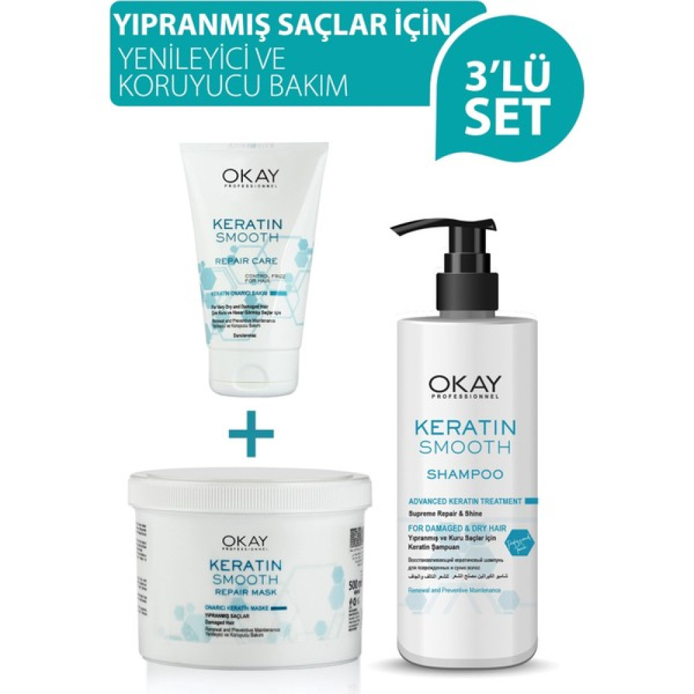 Okay Okayprofessionnel Keratin Smooth Şampuan 500 Ml + Maske 500 Ml + Durulanmaz Krem 100 Ml 3'Lü Set - 1 Şampuan ve Saç Kremi Fiyatı