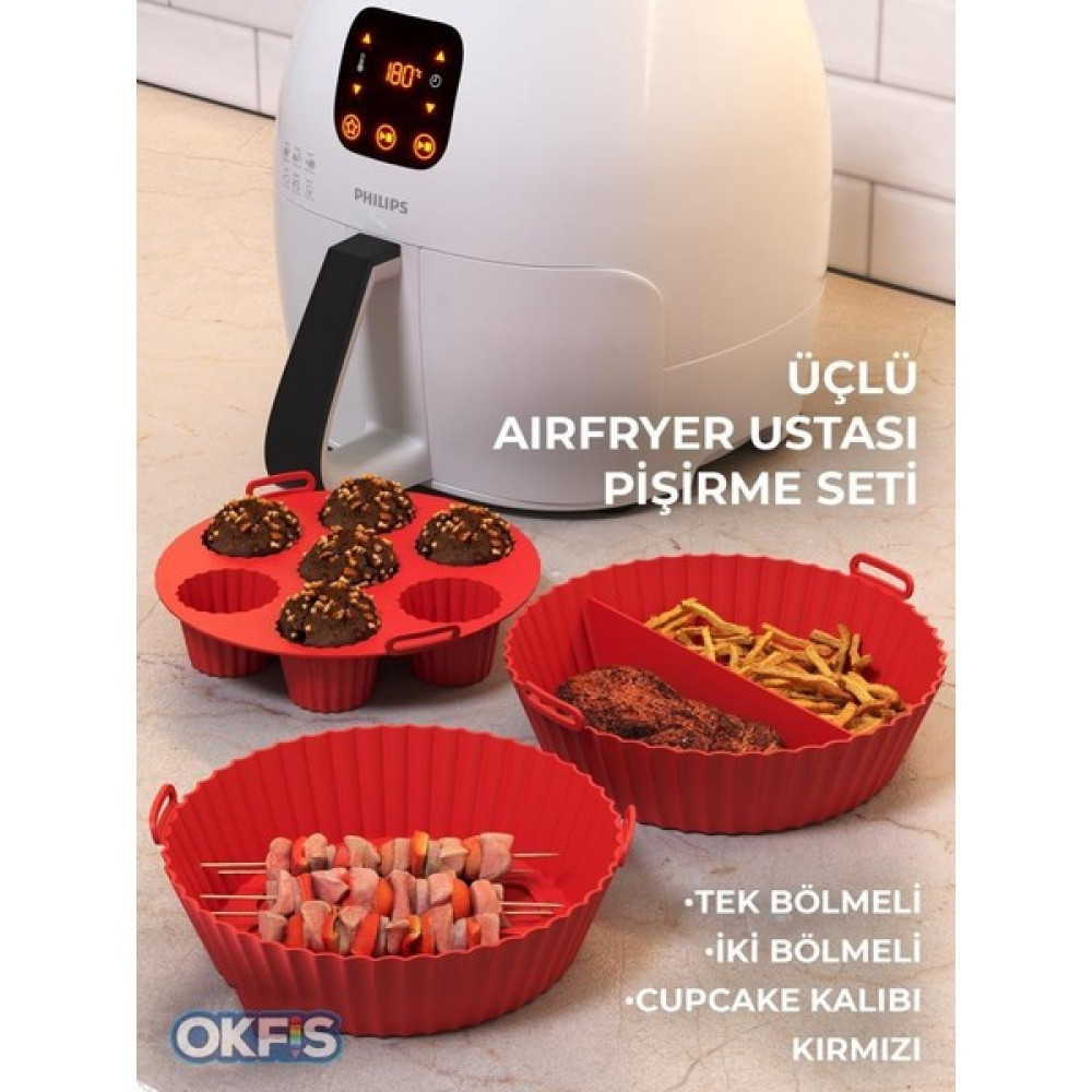 Okfis Airfryer Silikon Pişirme Kabı 3'lü Set Fırın Kalıbı 20X5 cm Kırmızı Kek Kalıpları Fiyatı