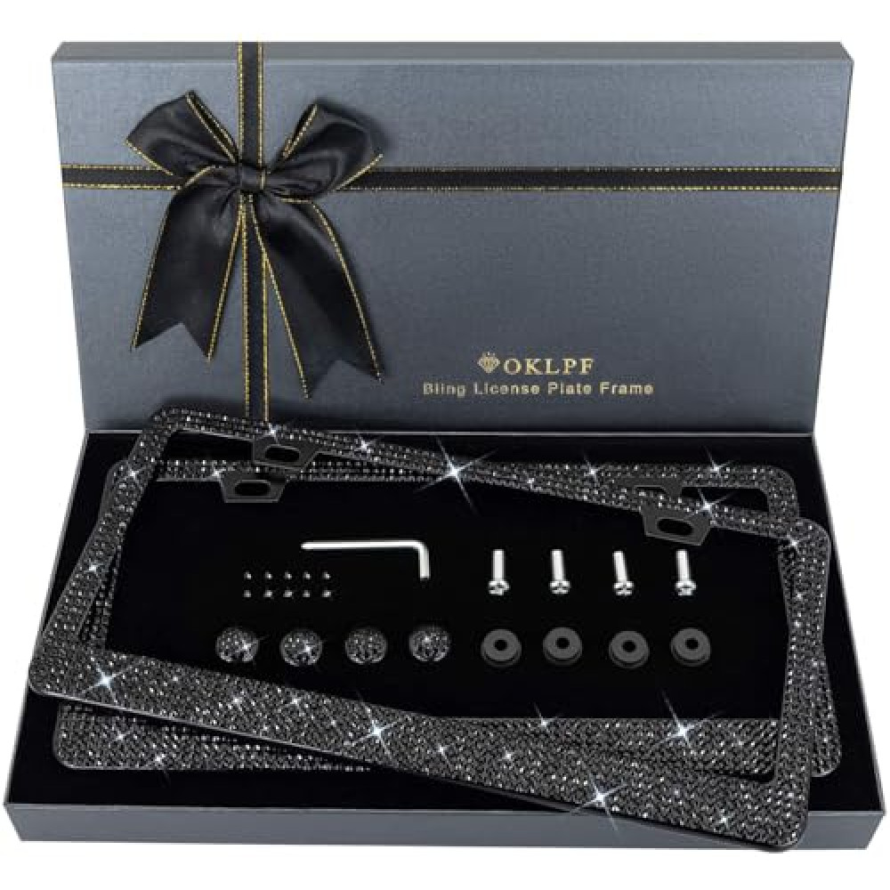 OKLPF Bling License Plate Frame for Women, 2PCS Sparkly License Plate Frames| Over 1200 pcs14 Facets Bedazzled Clear Glass Diamond Rhinestone Crystals w/Free Glitter Diamond Box (Black)