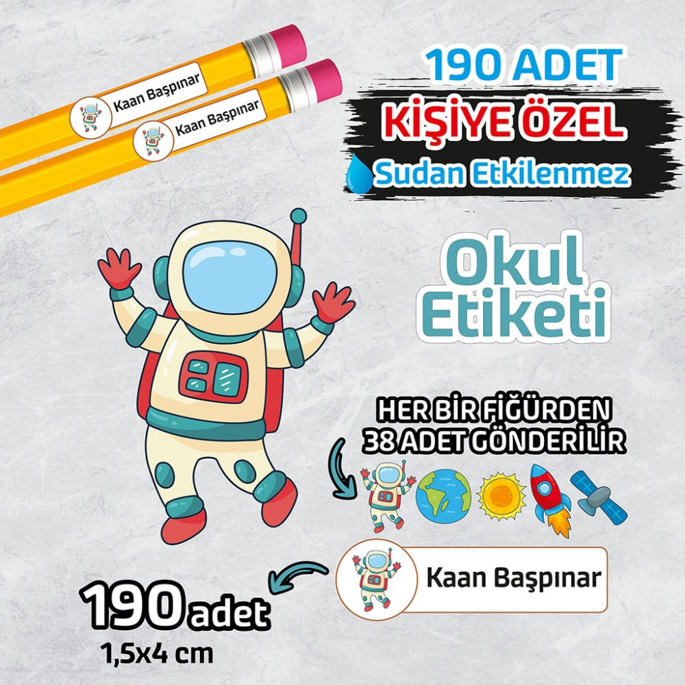 Okul Etiketi Isme Özel Kalem Defter Etiketi (Astronot-2) -190 Adet Okul Etiketi Fiyatı