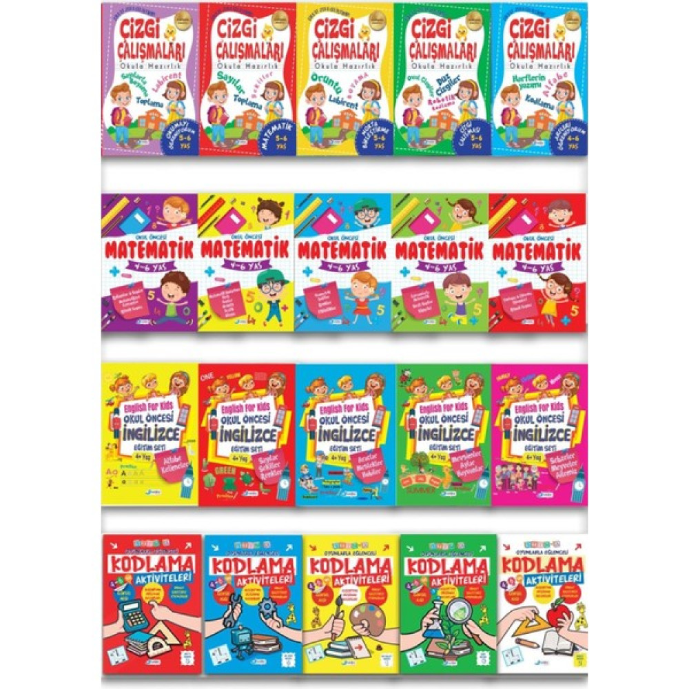 Okul Öncesi Eğitim Seti 20 Kitap: Çizgi Çalışması - Matematik - İngilizce - Kodlama 320 sf. Okul Öncesi Eğitici & Öğretici Kitaplar Fiyatı