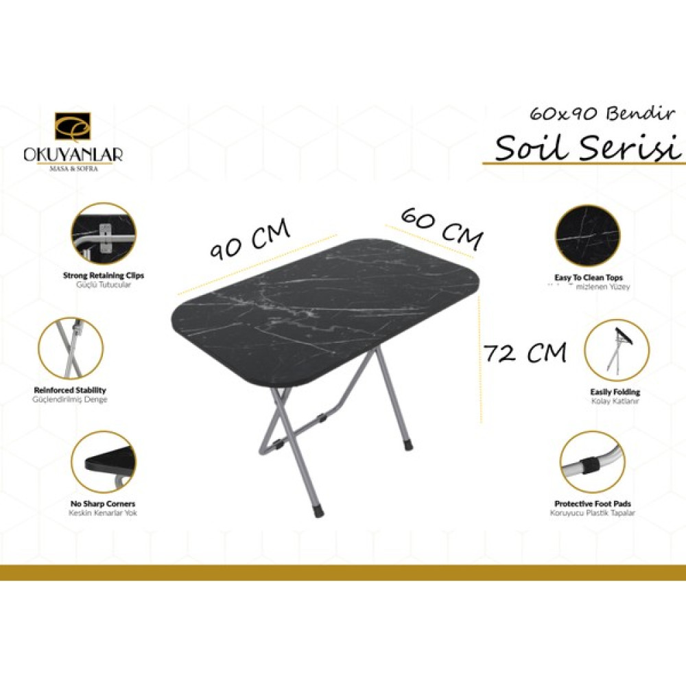 Okuyanlar 60X90 Soil Katlanır Katlanabilir Yemek Çalışma Balkon Oyun Kamp Bahçe Masası (Bendir) - Royal Mermer - Siyah Bahçe Masası Fiyatı