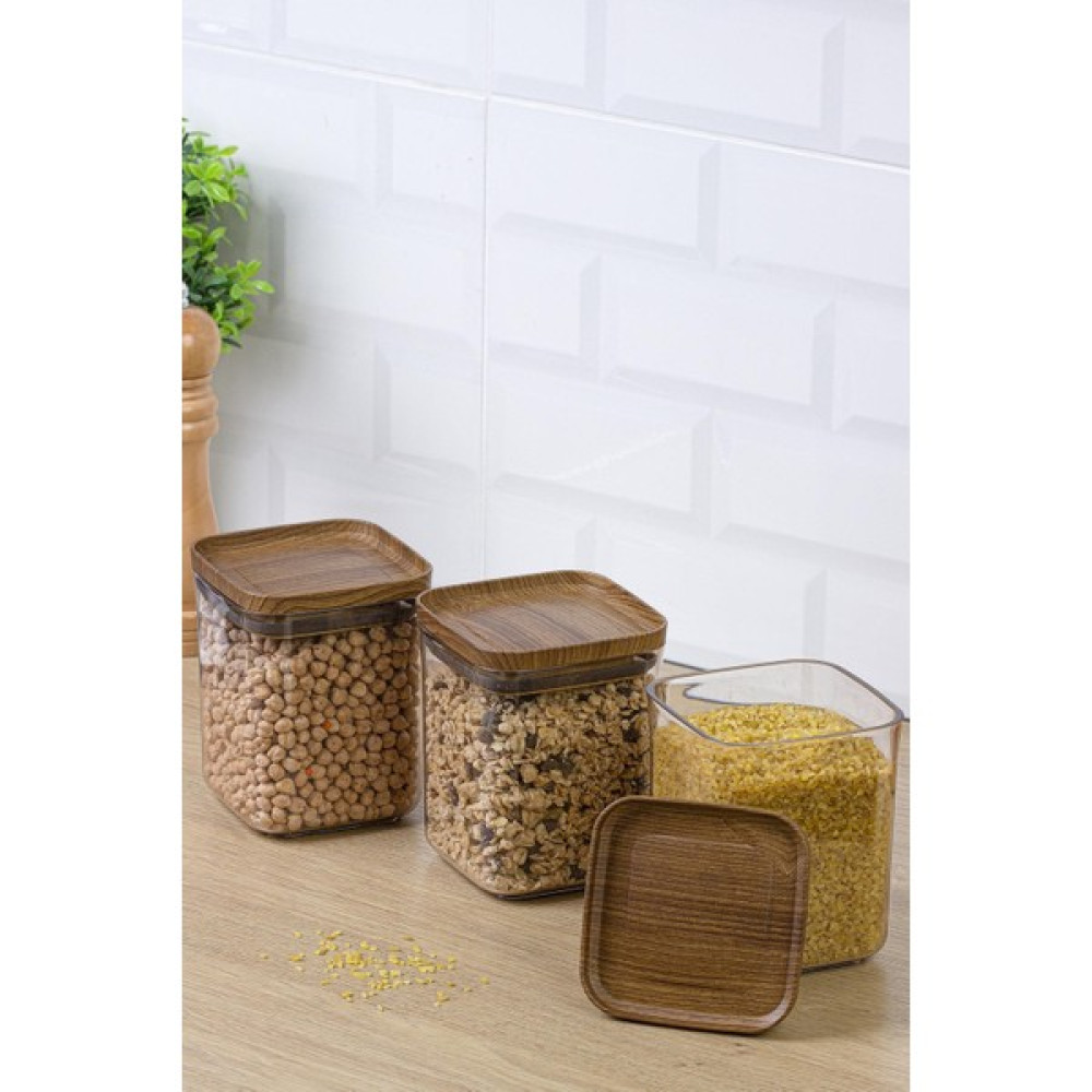 Okyanus Home Ahşap Desenli Vakumlu Pratik Erzak Kavanozu Kare 3’lü Set - Kahverengi - 100 ml Saklama Kapları Fiyatı