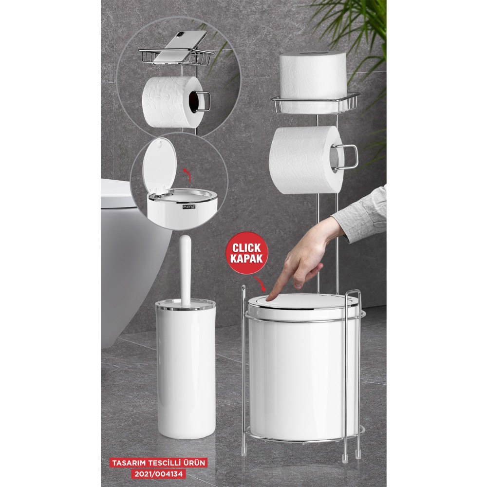 Okyanus Home Krom Yedekli Wc Kağıtlık - Yuvarlak Beyaz Çöp Kovası Ve Wc Fırça Seti Mobilya & Dekorasyon Fiyatı
