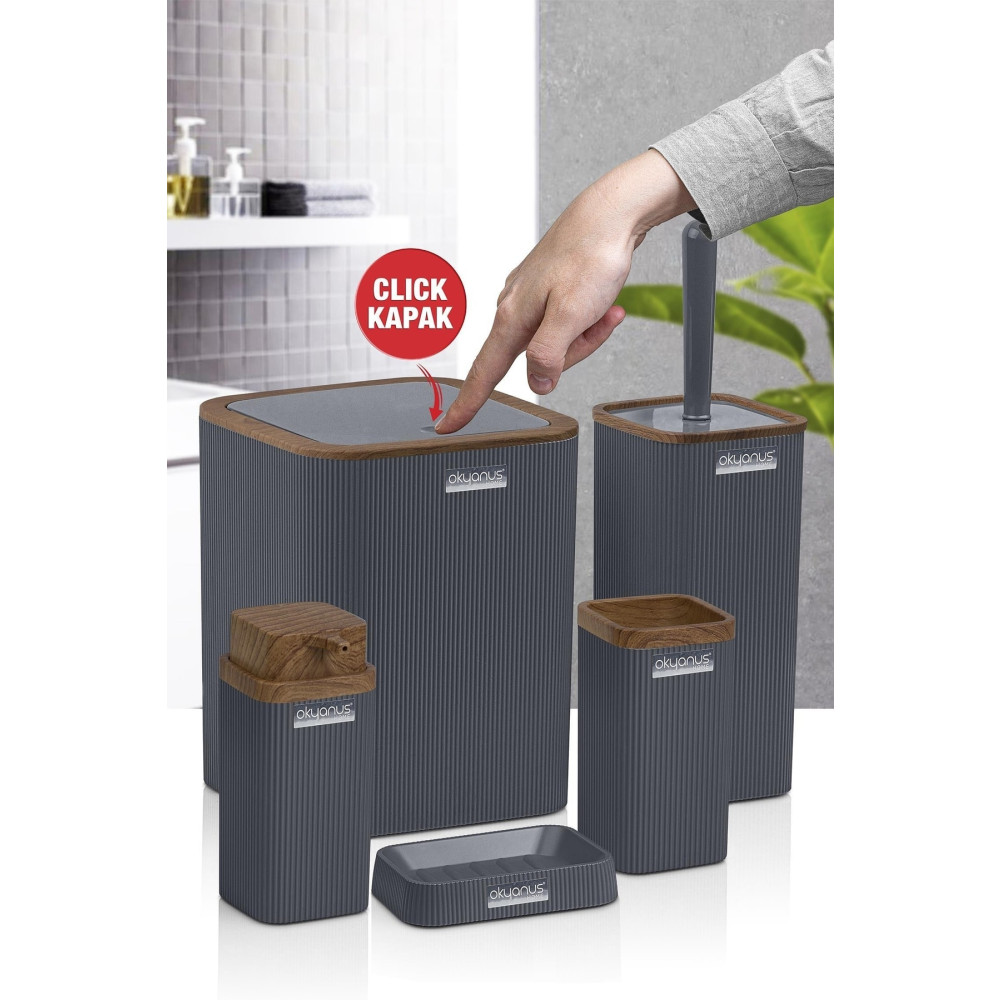 Okyanus Home Stella Antrasit Ahşap Desenli Çizgili 5li Banyo Seti Banyo Aksesuarları Fiyatı