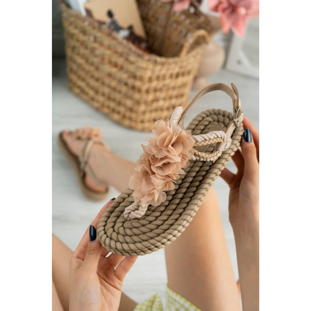 OLA Hasır Parmak Arası Çiçekli Kadın Halat Ipli Sandalet - Bej 37 Beden Unisex Sandalet Fiyatı
