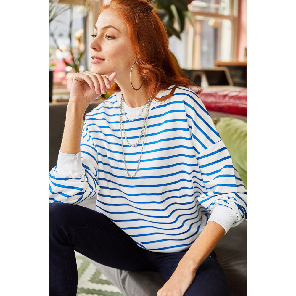 Olalook Kadın Beyaz İndigo Çizgili Basic Yumuşak Dokulu Salaş Sweatshirt L Beden Bayan Sweatshirt Fiyatı