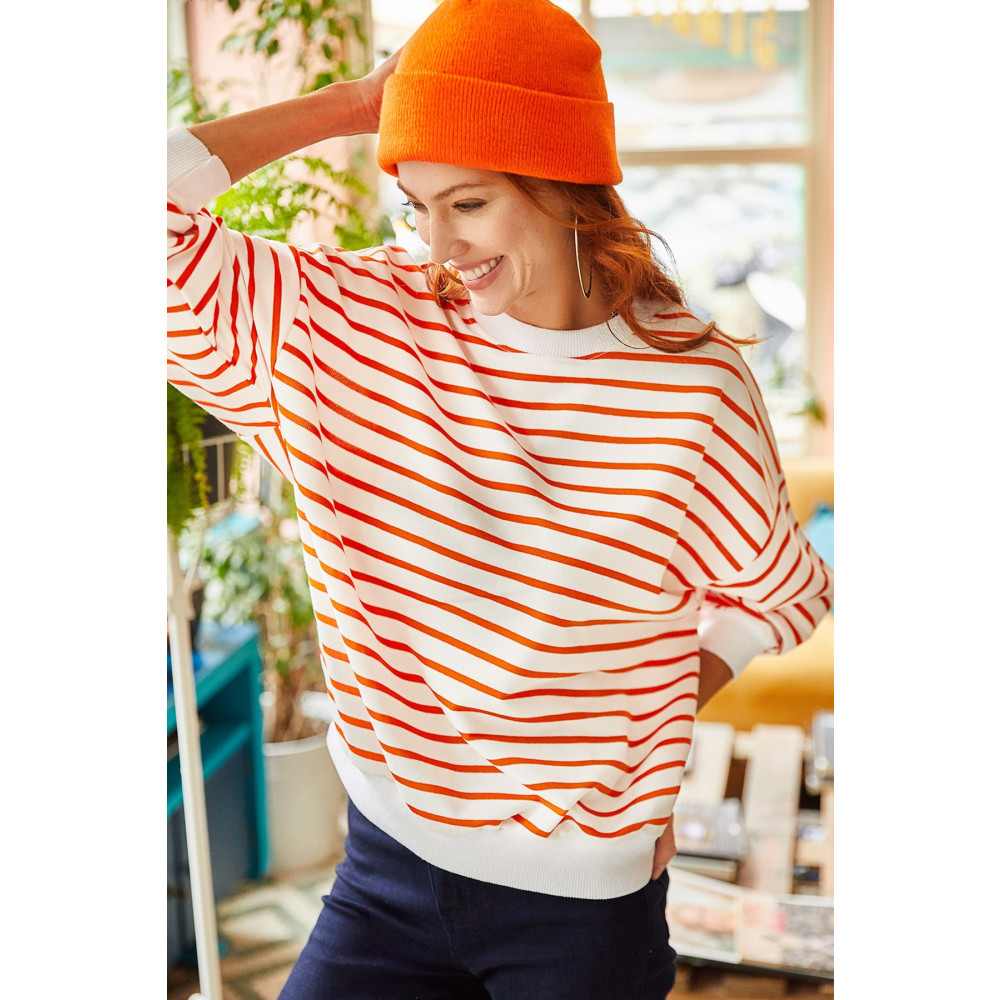 Olalook Kadın Beyaz Turuncu Çizgili Basic Yumuşak Dokulu Salaş Sweatshirt M Beden Bayan Sweatshirt Fiyatı