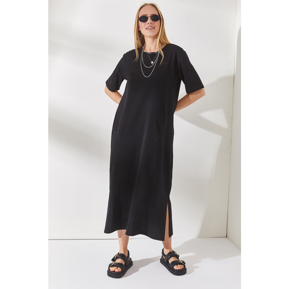 Olalook Kadın Siyah Yanı Yırtmaçlı Oversize Pamuk Elbise L/XL Beden Elbise Fiyatı