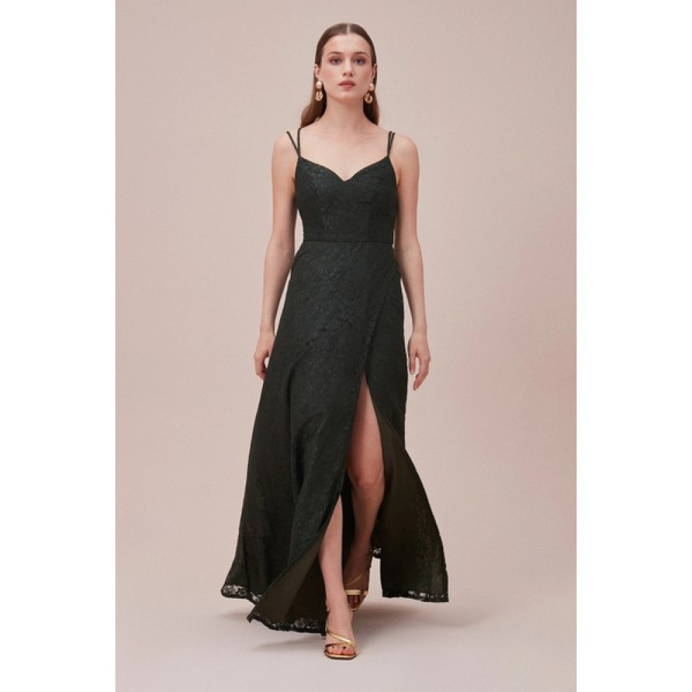 Oleg By Oleg Cassini Yeşil Askılı Dantel Uzun Abiye Elbise WBM3316DBNT Elbise Fiyatı