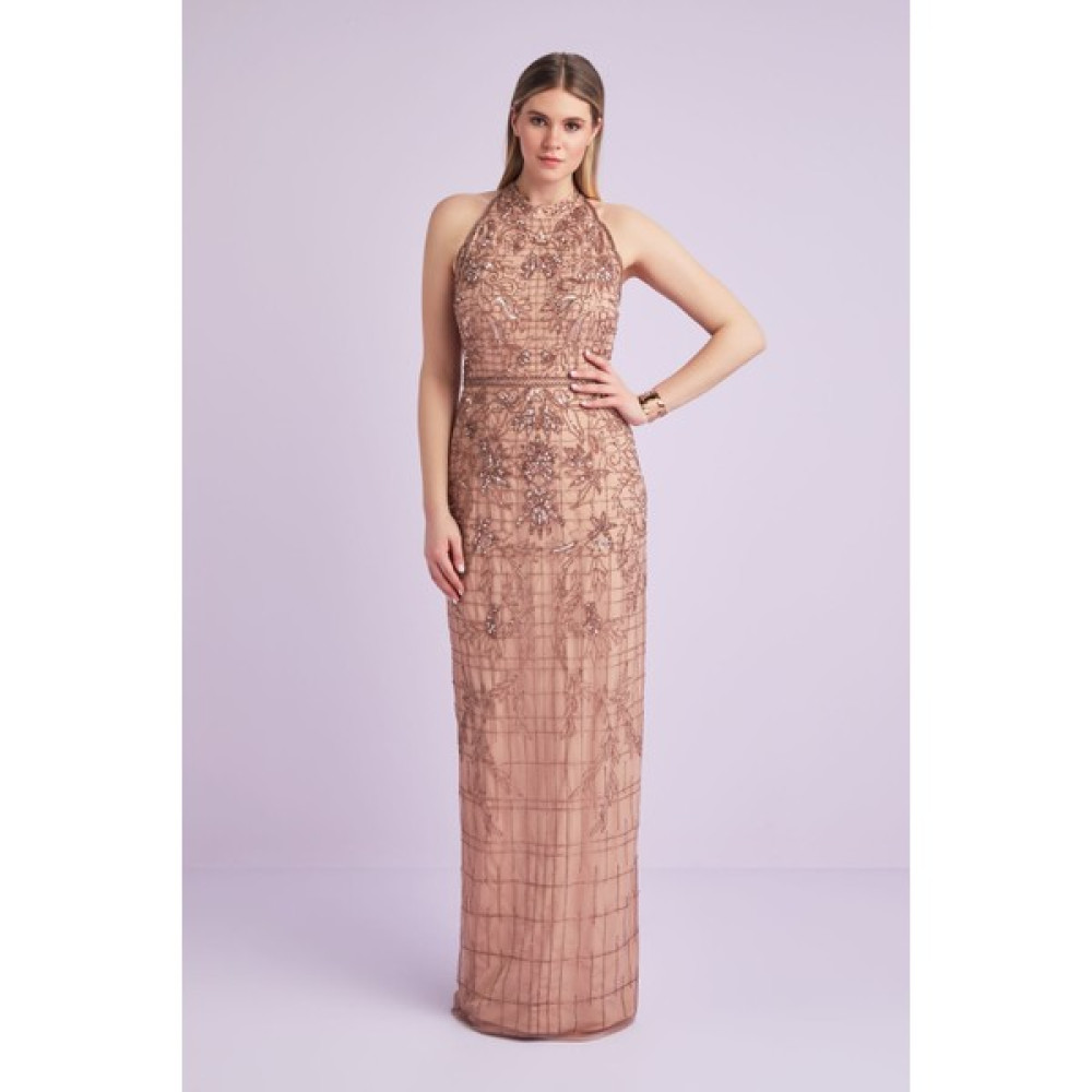 Oleg Cassini Rose Gold Halter Yaka Payetli Uzun Büyük Beden Abiye Elbise Fiyatı