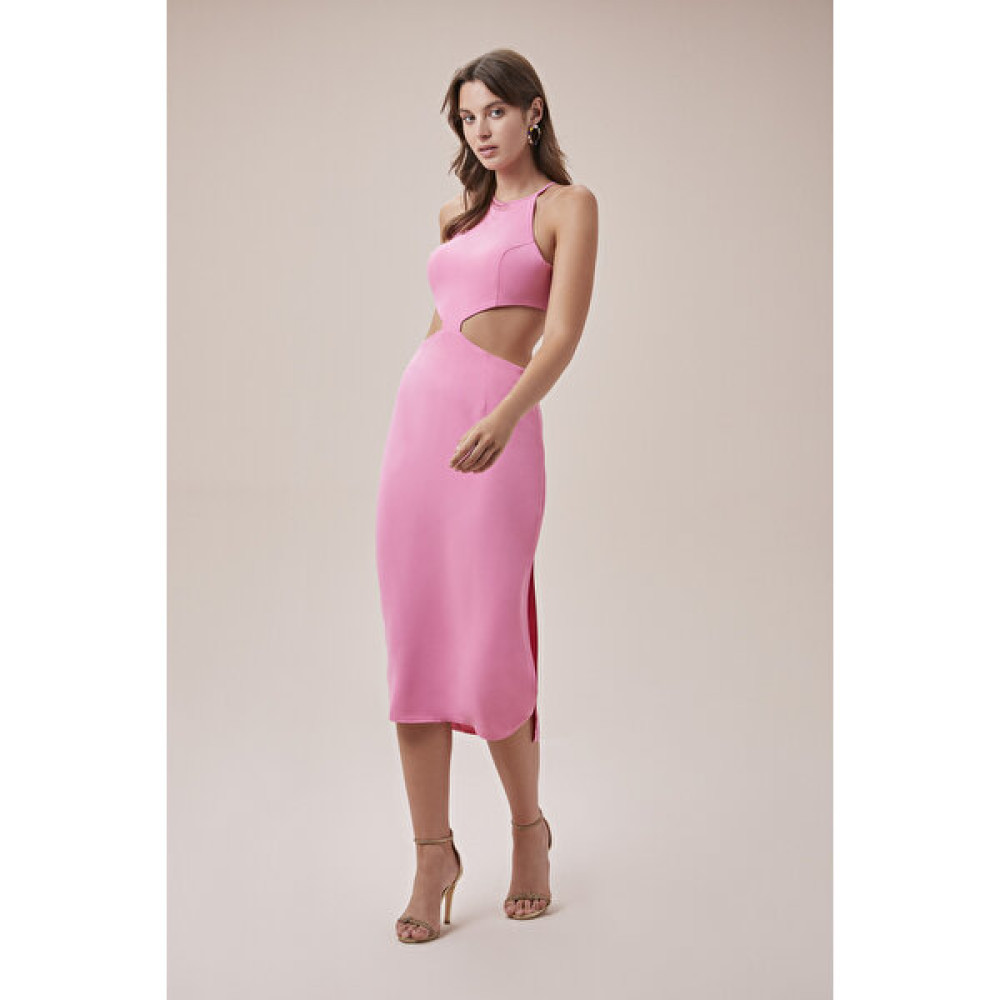 OLEG CASSINI TR Pembe Halter Yaka Pencere Detaylı Yırtmaçlı Midi Boy Krep Elbise Elbise Fiyatı